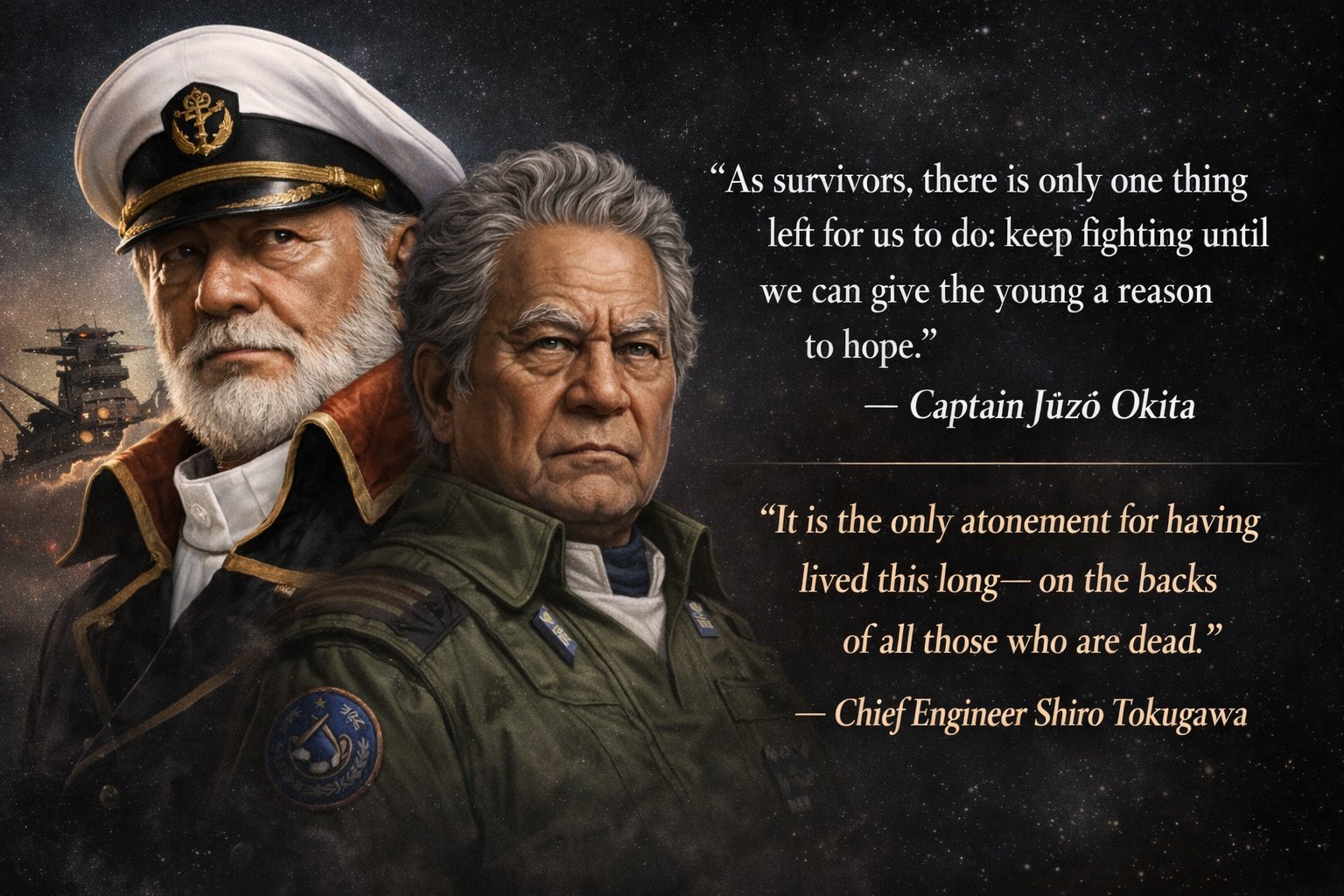 Space Battleship Yamato 2199 (Captain Okita & Chief Engineer Tokugawa) on the Burden of Survival